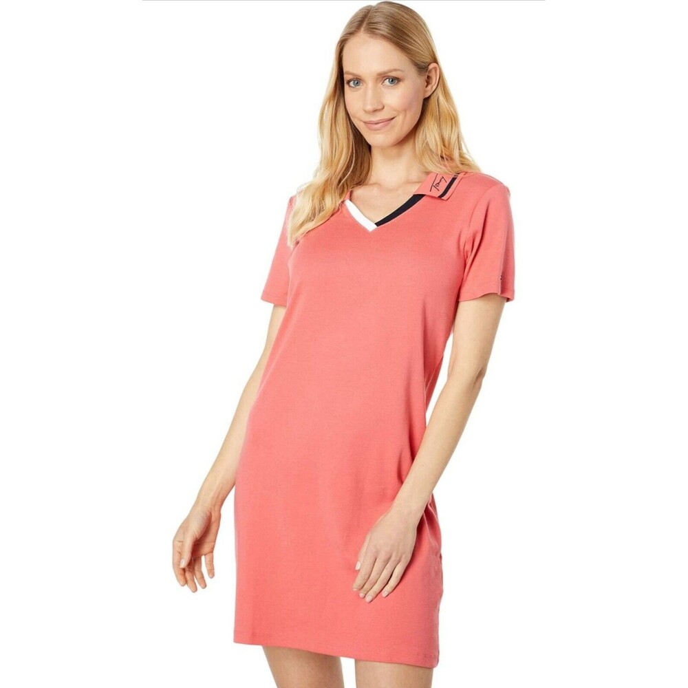 Tommy Hilfiger Large Cotton Contrast-Trim Polo Dress In Coral Johnny Collar